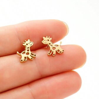 1 Pair Cartoon Giraffe Earrings Stainless Steel Cute Deer Studs For Women Friend Girls Birthday Ear Jewelry