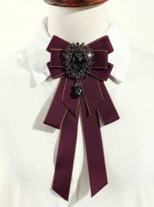 1pc Women's Fashion Black Gemstone Pendant With Black Ribbon Bow Necktie, Suitable For Banquet, Gift, School Outfit - Black - View 3