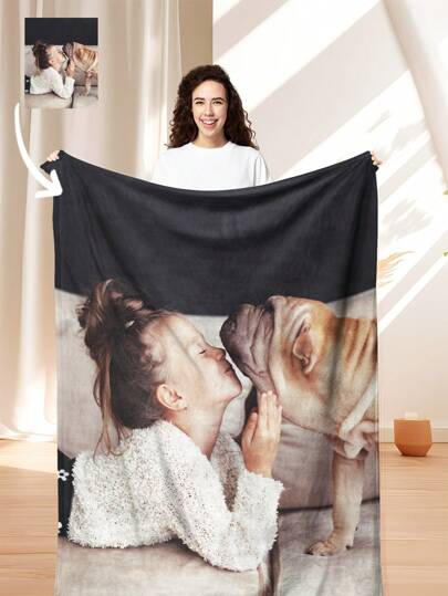 1pc Customized Photo Blanket, Personalized Family/Pet/Couple Photo Printed Blanket. Perfect Gift Father's Day, Or For Mom/Dad Warm, Soft, Comfortable, Cozy Custom, Unique, Personalized Ideal Gifts For Him Her, Boyfriend, Pets For Anniversaries, For Valentine's Day, For Birthdays, For Children's Day, For Weddings, For Christmas, For Housewarming Sofa