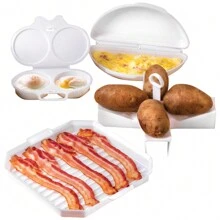 4Pcs Microwave Cooking Set  Heat Resistant Dishwasher Safe Microwave Oven Cookware Set With Bacon Baking Plate Egg Steamer Fried Egg Box Potato Rack For Home Kitchen - 白色 - 查看 1