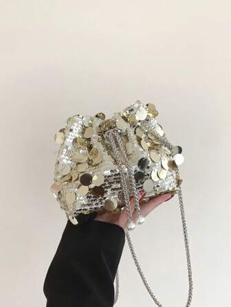 One Shiny Mini Bag Chain Drawstring Bucket Bag Fashionable Shiny Fish Scales Sequins Lucky Bag Crossbody Bag For Women