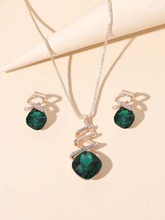 ชุดเครื่องประดับสตรี 1 ชุด สร้อยคอ และต่างหู รูปทรงเรขาคณิต คริสตัล สง่างาม เหมาะสำหรับสวมใส่ประจำวัน