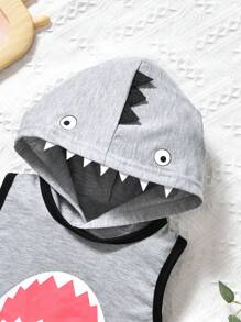 2pcs/Set Young Boy Summer Shark Print Hooded Tank Top And Shorts Set, Suitable For Sports, Casual, Students, Vacation, Age 2-6 Years Old