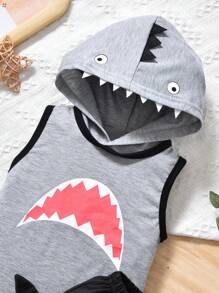 2pcs/Set Young Boy Summer Shark Print Hooded Tank Top And Shorts Set, Suitable For Sports, Casual, Students, Vacation, Age 2-6 Years Old