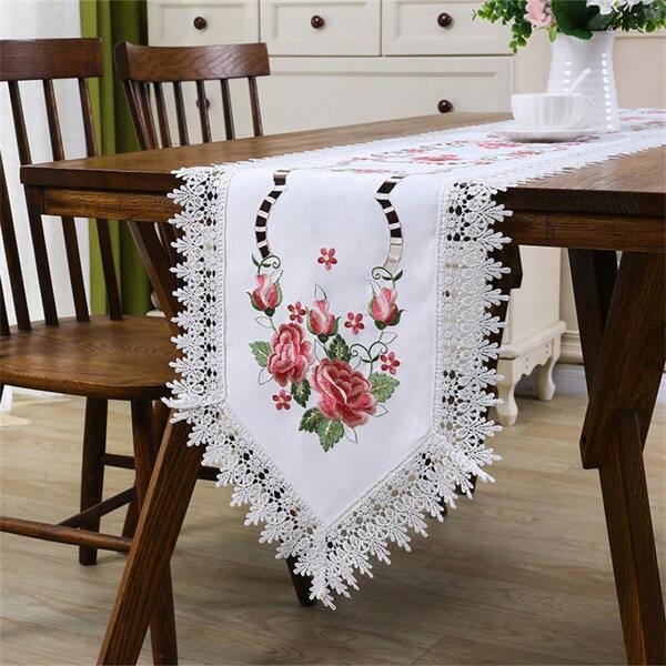 1PC, Table Runner, Hollow Out Design Embroidered Pink Flower Table Runner, Delicate Romantic Series Decorative Table Runner, Birthday Party, Holiday Decoration, Room Decoration
