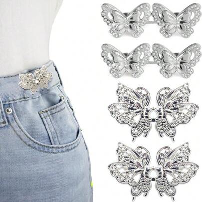 4 Sets Pants Waist Tightener, Butterfly Jeans Buttons For Loose Jeans, Adjustable & Detachable Crystal Pants Clips For Waist