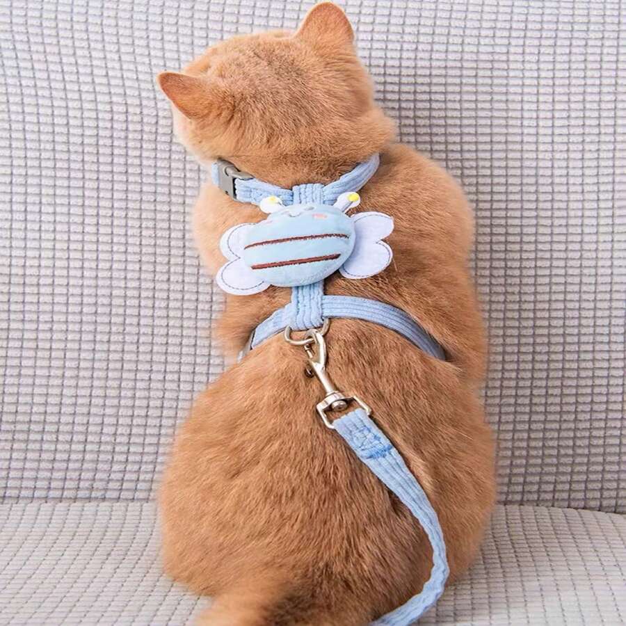 One Cat Harness With Cute Bee Print And Leash, Suitable For Both Chest And Back, Suitable For Walking Dogs And Cats - Baby Blue - View 1