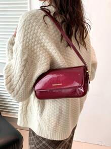 Clean Color Simple Elegant New Fashion School Commute Casual Travel Patent Leather Mini Square Bag, Fashionable Burgundy Bag , Red Bag , Burgundy Bag - Burgundy - View 6
