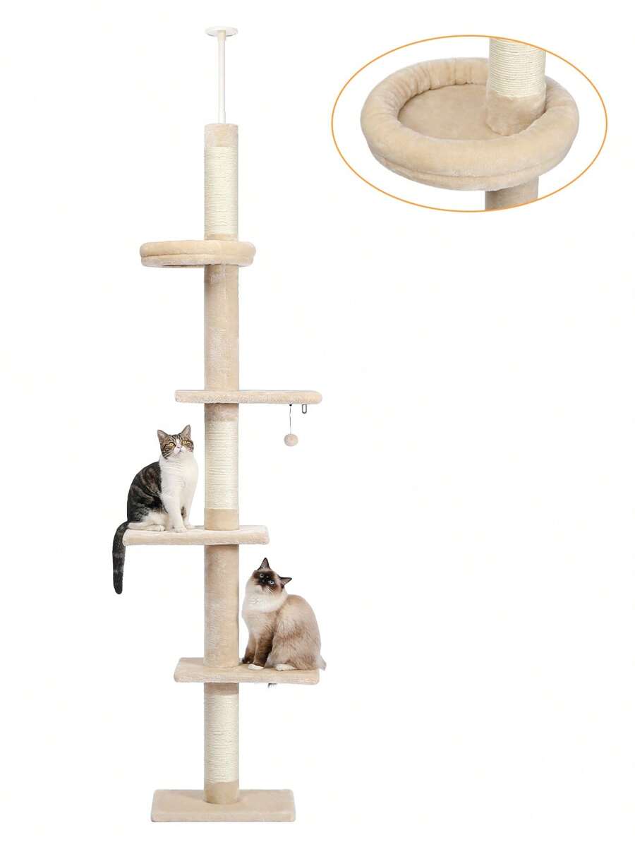 PAWZ Road Cat Tree, 5-Tier Floor To Ceiling Height Adjustable Tall Cat Climbing Activity Center With Scratching Post, Cozy Bed, Dangling Ball For Indoor Cats/Kittens Gray - 米色 - 查看 1