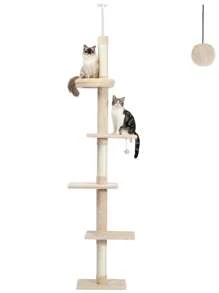 PAWZ Road Cat Tree, 5-Tier Floor To Ceiling Height Adjustable Tall Cat Climbing Activity Center With Scratching Post, Cozy Bed, Dangling Ball For Indoor Cats/Kittens Gray - 米色 - 查看 6