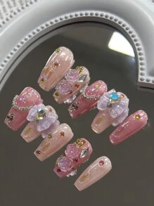 10pcs Handmade Coffin Shaped False Nails With Pink And Purple Shimmery Butterflies, Pink Rhinestones, And Chain Decoration For Ballet Style Nails. Comes With 1pc Jelly Glue, 1pc Nail File And 1pc Cuticle Stick. This Full Coverage Nail Kit Can Be Used For Any Seasons, Parties, Dances, Suitable For Women, Girls, Students, Parties, Office Workers; Can Be Repeatedly Used By Press-On Wearing And Comes With 1pc Jelly Glue And 1pc Nail File. Nail Supplies Handmade Press On Nails - Multicolor - View 4