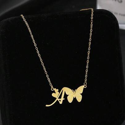 1件金色喷绘蝴蝶字母心形吊坠不锈钢项链，时尚精致颈链，夏季项链，儿童生日礼物