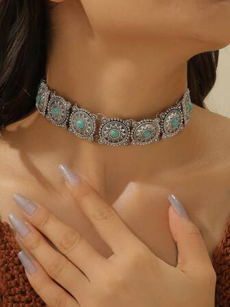 1pc Women's Fashion Jewelry Bohemian Style Vintage Element Geometric Turquoise Necklace Choker Gift