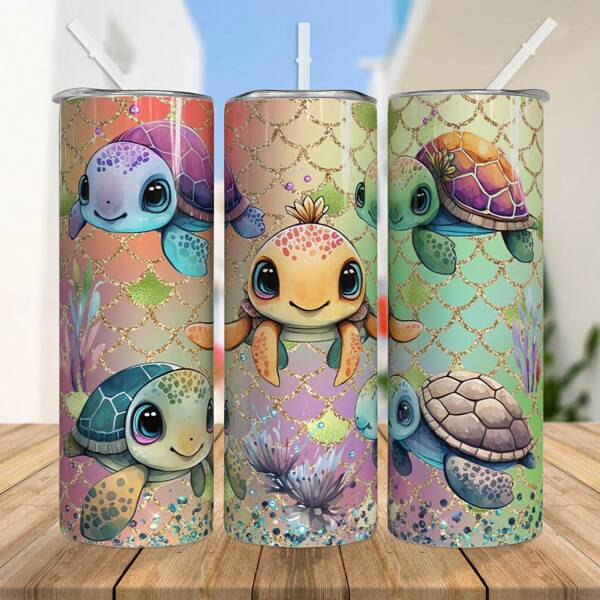 Vaso aislado al vacío de acero inoxidable de 20 oz con diseño lindo de tortuga y pajilla, botella de agua | 1pc