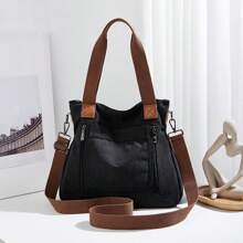 Vintage Large Capacity Canvas Tote Bag, Solid Color Multi-Compartment Zipper Handbag Shoulder Crossbody Bag Gym Bag Hobo Bag, Detachable Adjustable Strap, Suitable For Work, Holiday Shopping, Travel, Daily Use - Black - View 4