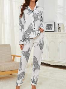 Casual Animal Leopard Print Collared Long Sleeve Top And Loose Pants Comfortable Women's Pajamas Set, Fall Winter Clothes