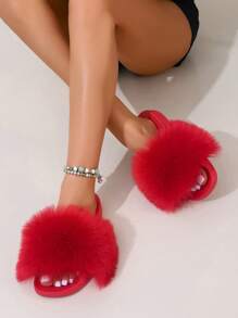 Women Summer Slippers Plush Colorful Beach Solid Color Long Hair Anti-Skid Soles Indoor Outdoor Fashionable Open-Toe