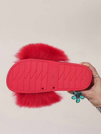 Women Summer Slippers Plush Colorful Beach Solid Color Long Hair Anti-Skid Soles Indoor Outdoor Fashionable Open-Toe