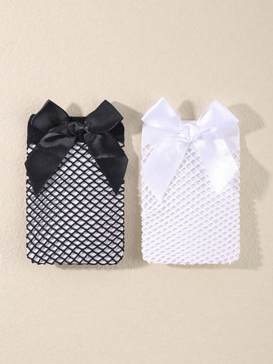 1 Pair/2 Pairs Baby Mesh Bow Crew Socks - Black and White - View 1