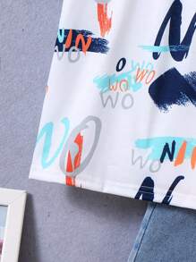 Young Boy Letter Print Short Sleeve T-Shirt And Denim Shorts Set, Summer