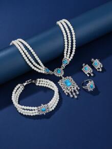 4入組珍珠和鋯石層疊項鍊套裝，配有藍松石細節，適合女士參加宴會和派對