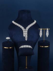 4入組銀色時尚鋯石珍珠項鍊、耳環、手鍊、開放式戒指套裝，適合女性日常佩戴和派對穿著 - 銀色 - 查看 3