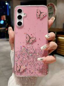 1 件粉色星空手机壳适用于三星 Galaxy S24 S24Plus S24Ultra 闪亮水钻蝴蝶手绳手机壳 - 粉色 - 查看 2