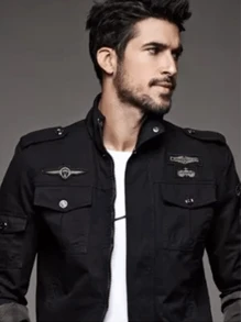 Chaquetas Estilo Militar Con Cremallera Para Hombre - Negro - Ver 3