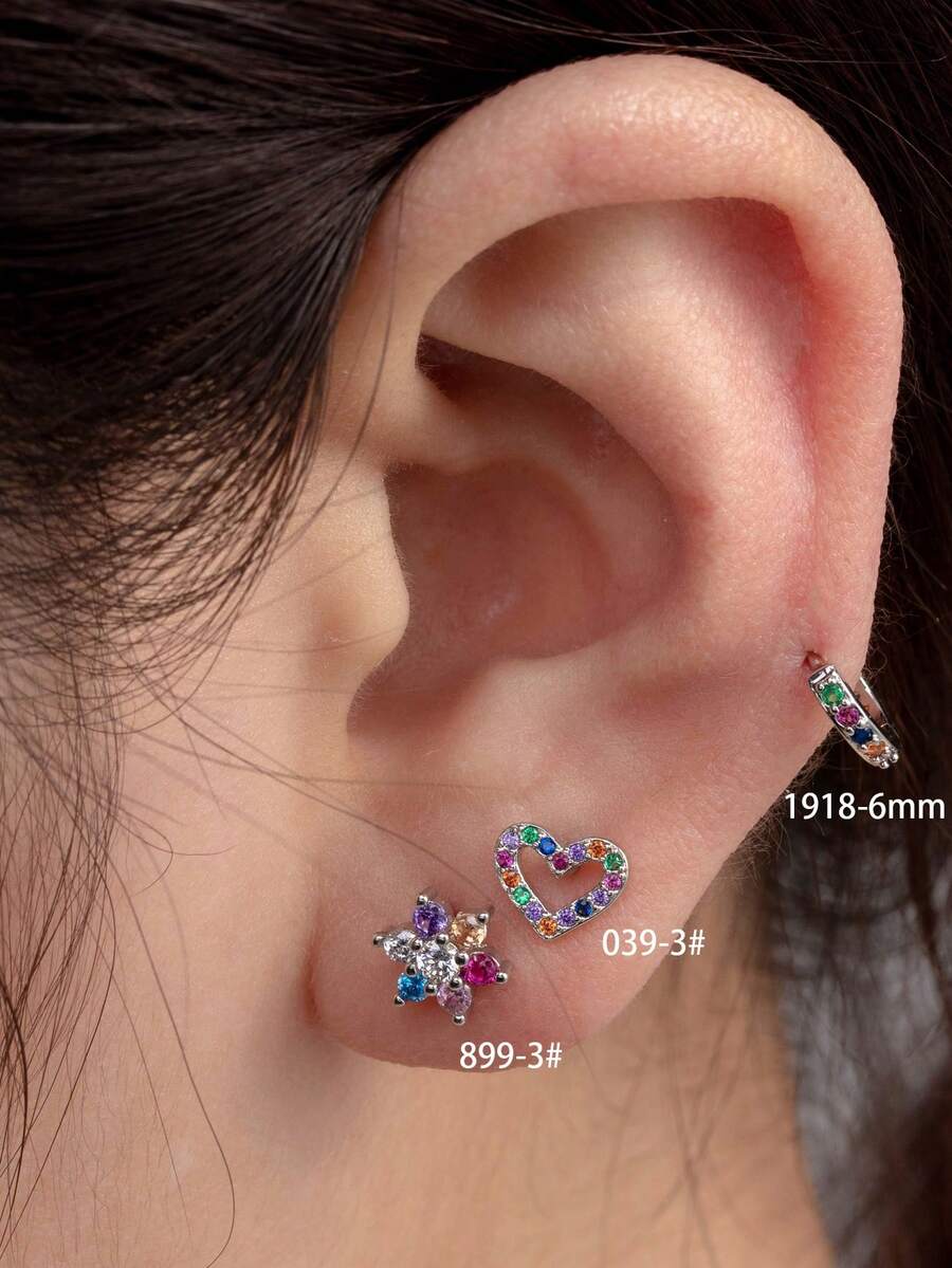 Toppiercing 1個簡約時尚的銅飾圓形耳環,中空心形和花形設計,不鏽鋼耳針三角軟骨骨釘