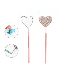 1pc Stainless Steel Heart Shaped Rhinestone-Inlaid Eyelash Mirror, Colored Eyelash Inspection Mirror