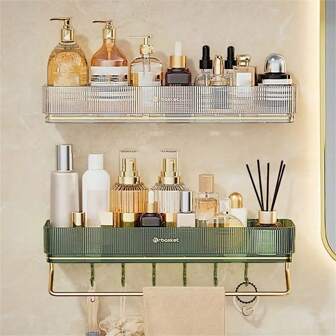 (Limited Quantity, Discounted) Large Capacity Wall-Mounted Bathroom Storage Rack With Shower Caddy - No Drilling Required, Acrylic/Aluminum Design, Perfect For Bathroom Organization (2 Random Colors)