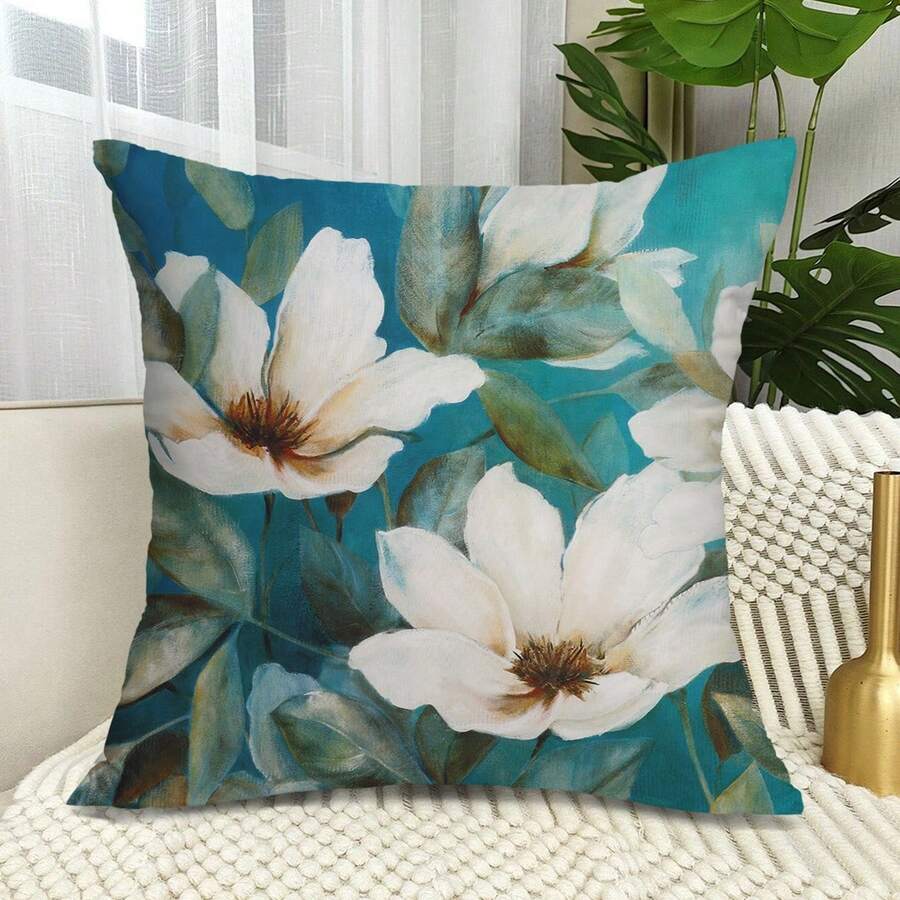 一枚藍白色花卉印花抱枕套，簡約鄉村風格方形坐墊套，隱藏拉鍊設計，適用於農舍，客廳和臥室，四季皆宜 - 藍白色 - 查看 1