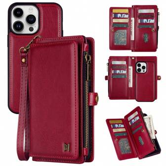 Wrist Strap Phone Wallet Protective Case With Card Slot, Zipper Coin Slot And Soft PU Leather Flip Cover Magnetic Phone Case With Long Hanging Rope Wristband Compatible With IPhone 6/6S/7/8/SE/6SP/6P/7P/8P/X/XS/XR/11/12/13/14/15/Pro/Plus/Pro Max-Red