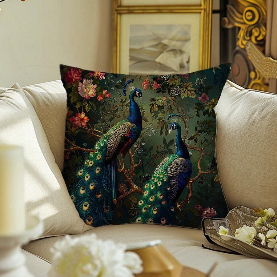Funda de cojín moderna con arte de pavo real en colores, regalo de decoración de sofá - Multicolor - Ver 1