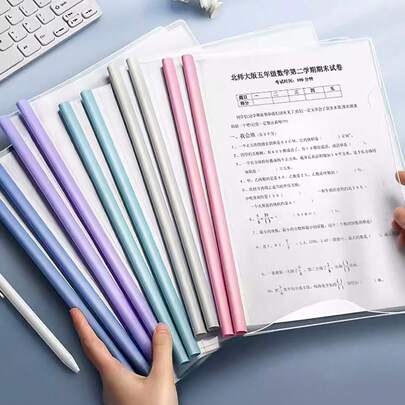 10 buc/set dosar documente transparent A4 în formă de picătură de apă, cu mâner, clemă de tragere din plastic cu inserție transparentă de mare capacitate în culori Morandi, dosar de clasificare a cărților cu o singură pagină, dosar cu date pentru examene, potrivit pentru birou și școală, culori aleatorii pentru întoarcerea la școală, rechizite școlare