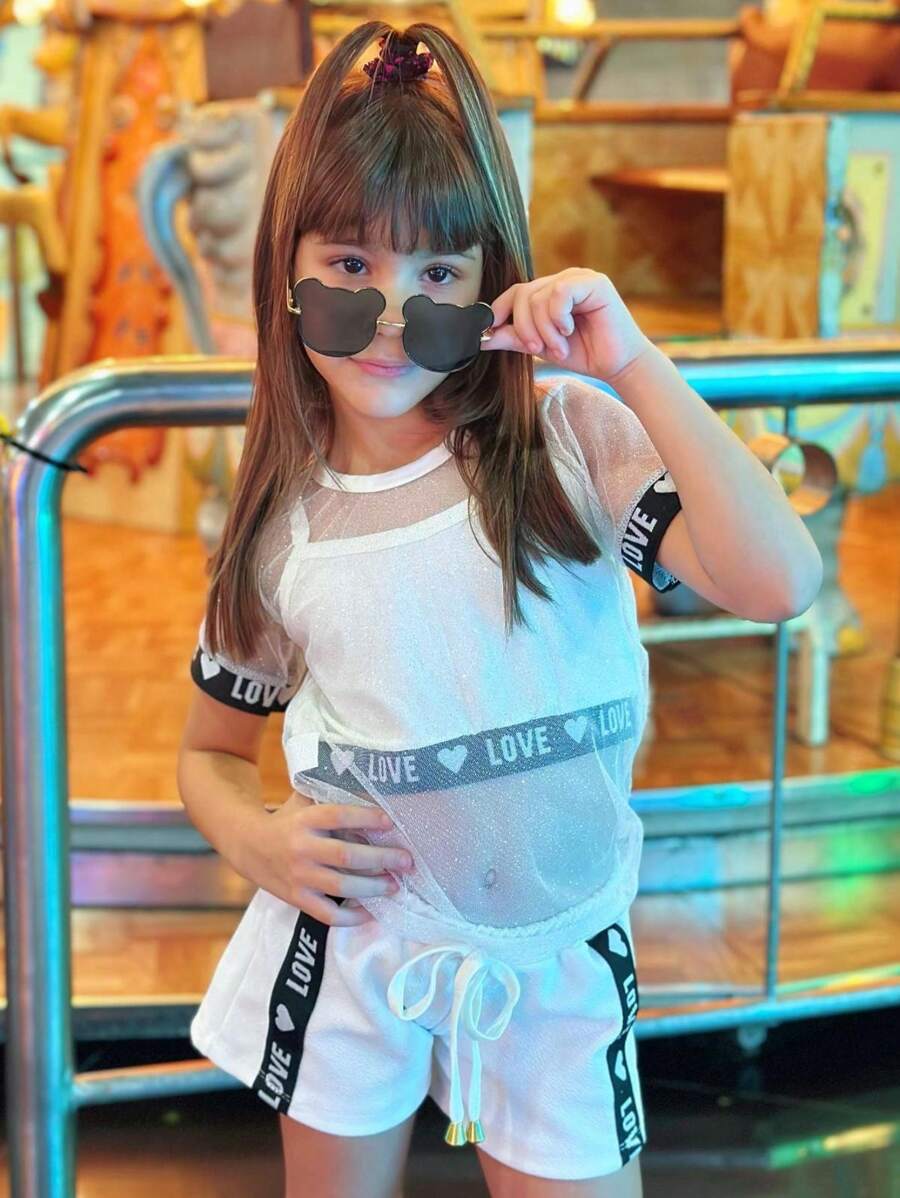 CONJUNTO DE TULE 3 PEÇAS, BLUSINHA, TOP E SHORTS PARA CRIANÇAS MENINAS INFANTIL/TENN/KIDS/NOVIDADE/KIDS/TEENS/FANYKIDS - Branco - Visão 1