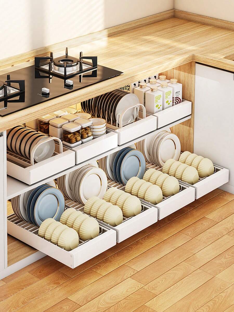 1個不銹鋼拉出式櫥櫃組織架,固定於膠粘納米膜上,廚櫃滑動式碗碟瀝水架,碗碟抽屜儲物盒,廚房下水櫥抽屜組織架
