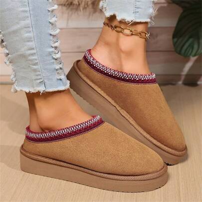 Women's Plush Lined Flat Bottomed Slippers, Soft Sole Solid Color Warm Ankle Boot Style, All Season Fabric Slippers