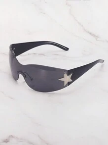 1 件装金属 Y2k 五角星形女士时尚眼镜，无框设计，装饰性镜框，适合夏季海滩度假、户外、旅行 - 黑色 - 查看 2