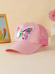 1pc Kids Girls Round Top Baseball Cap, Mermaid & Sequin Decor, Fashionable Minimalist Snapback, Spring/Autumn - Pink - View 2