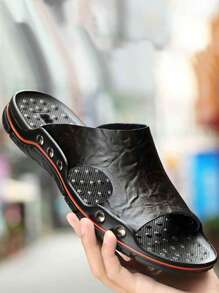 男士鉚釘裝飾鏤空露趾拖鞋黑色鞋 - 黑色 - 查看 1