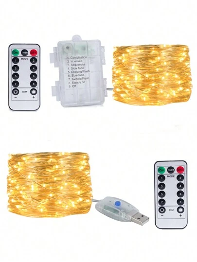 LED 串灯，电池/USB 供电，带遥控器，圣诞花环灯串，铜线闪烁灯，适用于家居花园派对圣诞树婚礼卧室新年装饰