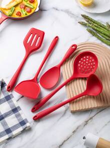 5pcs Silicone Kitchen Utensil Set, Including Spatula, Slotted Spoon, Ladle, Skimmer, Rice Spoon, For Non-Stick Pans - Red - View 1