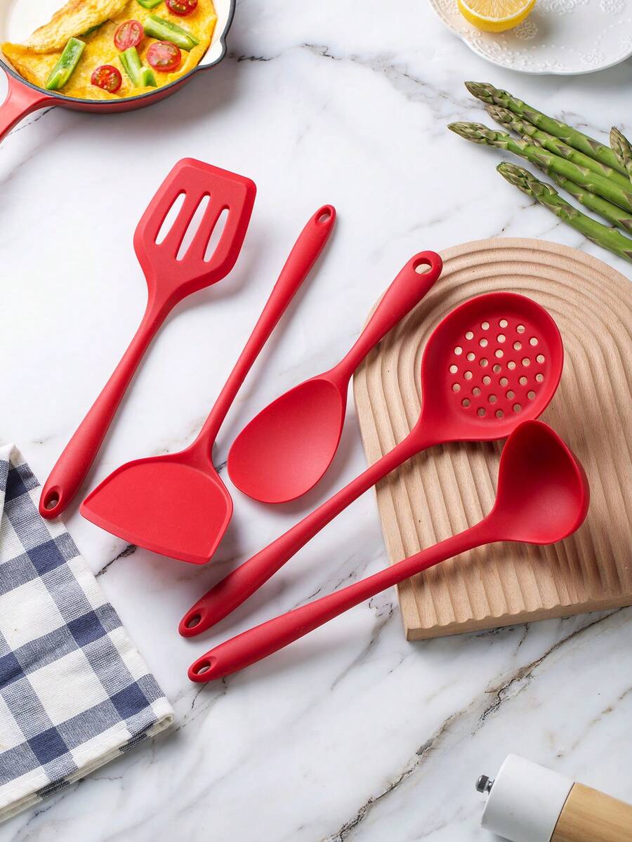 5pcs Silicone Kitchen Utensil Set, Including Spatula, Slotted Spoon, Ladle, Skimmer, Rice Spoon, For Non-Stick Pans - Red - View 1