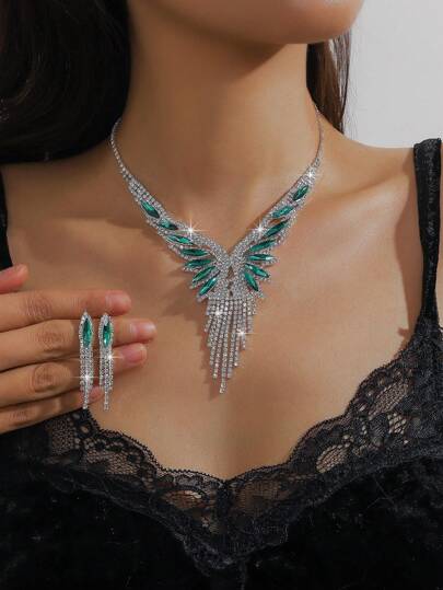 3pcs/Set Full Crystal Rhinestone & Green Gemstone Tassel Design Luxury Style Jewelry Set (Necklace & Earrings), Suitable For Women's Weddings, Parties, Holidays And Festivals