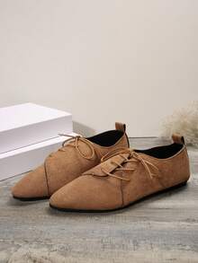 Bohemian Style Oversized Size 42 Fashion Outdoor Sports Casual Shoe For Women, 2024 Spring New Versatile Streetwear Criss-Cross Lace-Up Pointed Toe, Brown Color, Flat Bottom - Brown - View 3