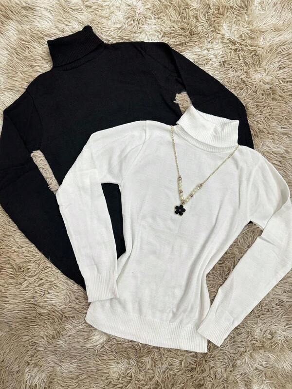 Kit2 Blusa gola alto feminina manga longa básica trico cacharreu cacharrel sueter liso