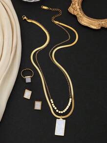 3入組時尚不鏽鋼金色雙鏈方形黑卡帶鋼珠項鍊、耳環、戒指套裝,適合女性日常衣著/約會/送禮