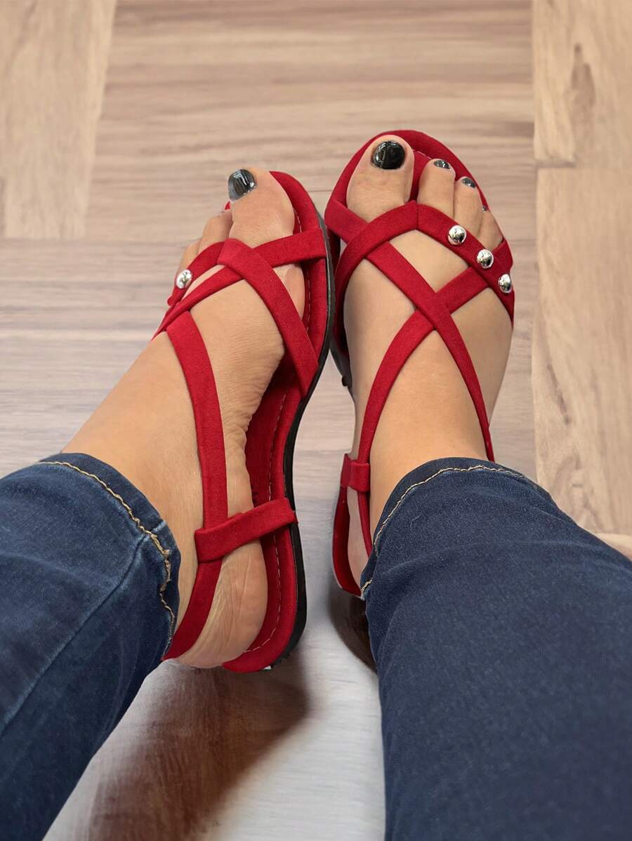 Sandalia Dama Huarache Mujer Roja Perlas Tiras Comoda Suela Baja Con Broche  Antiderrapante Tallas 22 a 27 (Perlas rojas) - Rojo - Ver 1