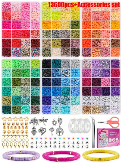 1-6 Boxes, 13600pcs, 136 Colors Clay Beads Making Kit For Bracelet, Flat Round Polymer Letter Beads, Spacer, Black Stone Beads And Elastic Beading DIY Jewelry Craft Gift